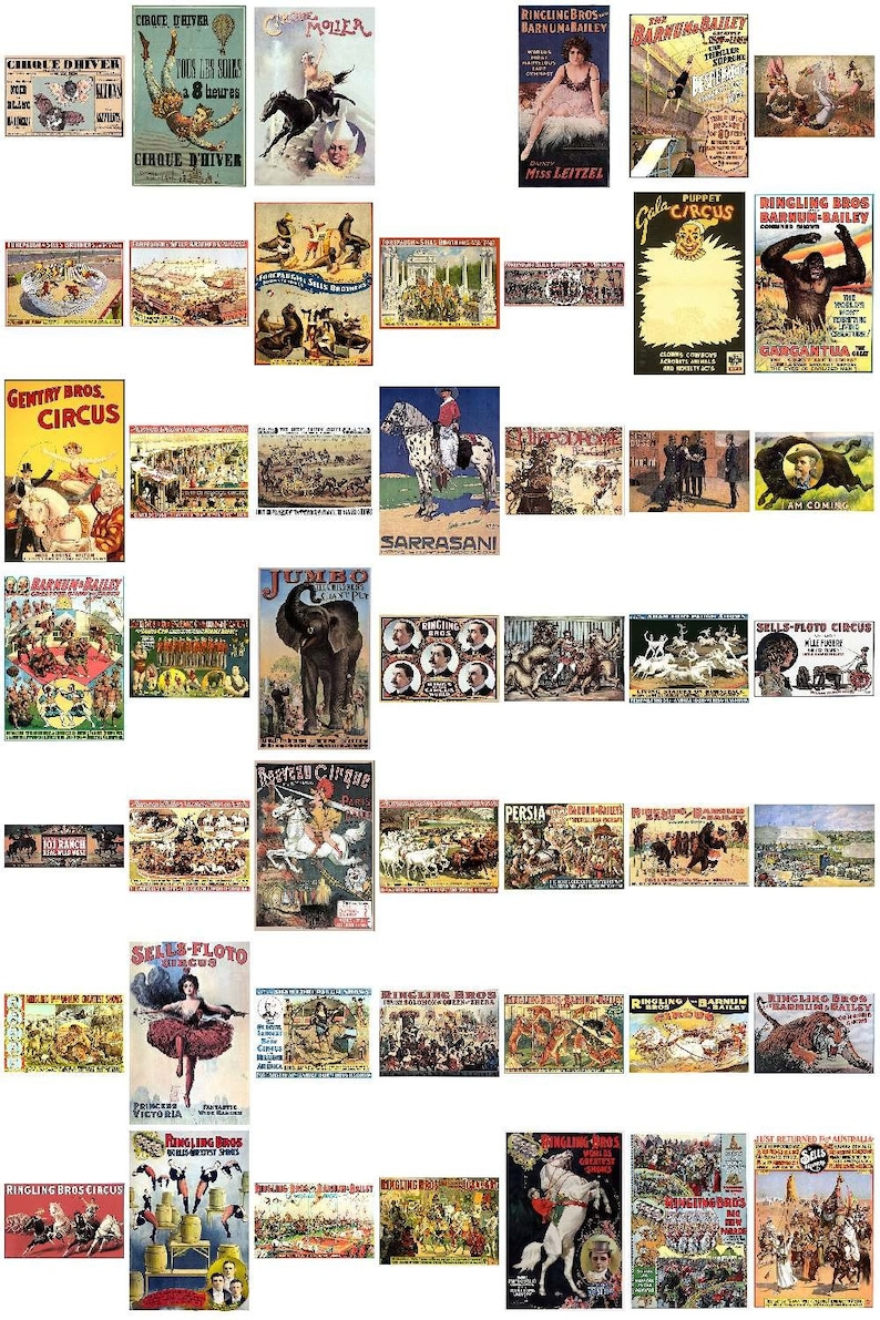 May include: A collection of vintage circus posters featuring colorful illustrations and text. The posters advertise various circus acts, including clowns, animals, and acrobats. Some of the posters feature the names of famous circuses, such as Ringling Bros. and Barnum & Bailey.
