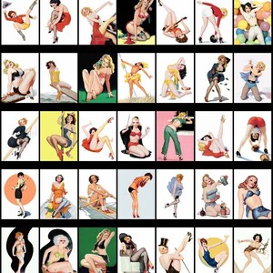 May include: A collage of 48 vintage pin-up style illustrations featuring women in various poses and settings. The illustrations are in a cartoon style and feature bright colors and bold lines.
