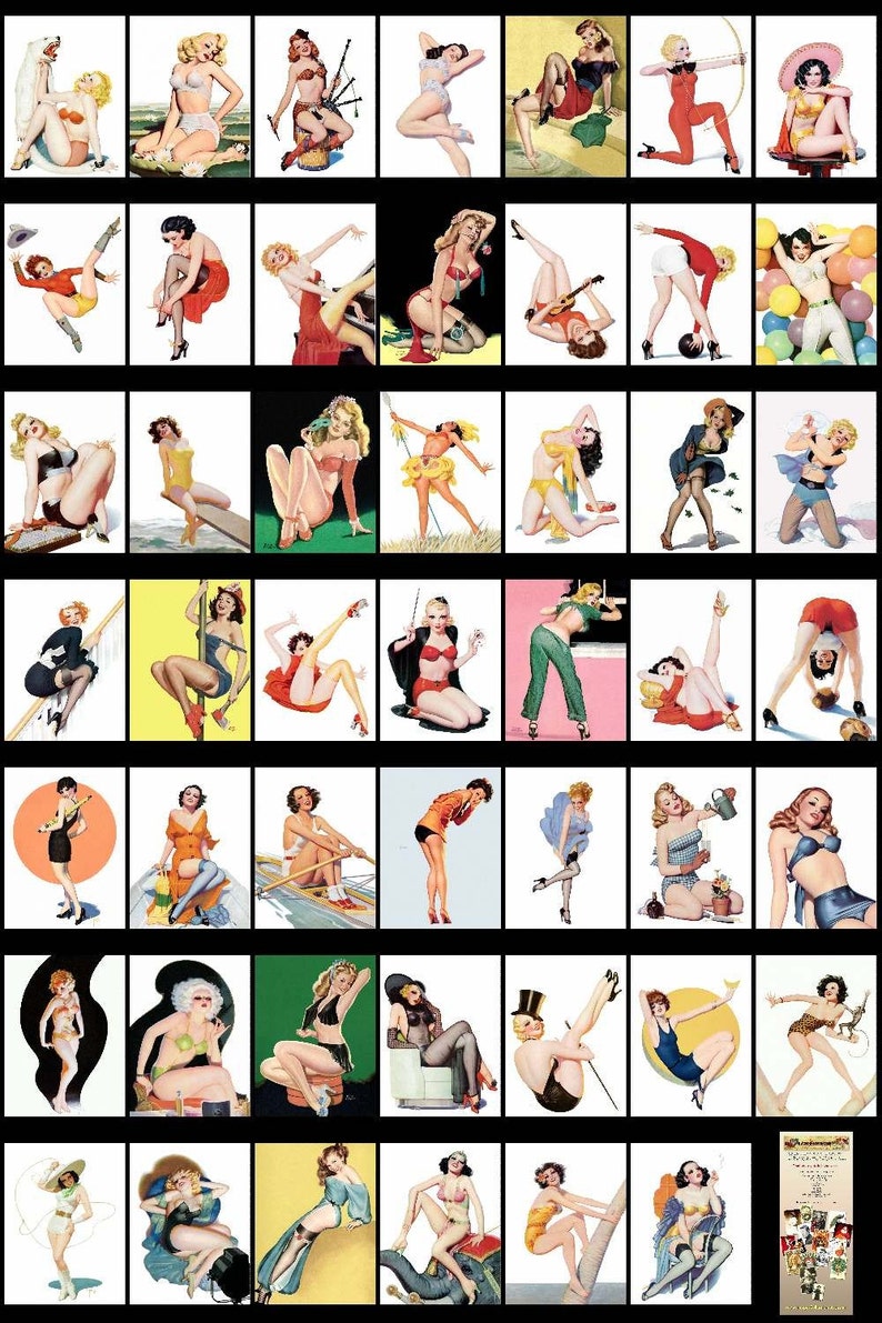 May include: A collage of 48 vintage pin-up style illustrations featuring women in various poses and settings. The illustrations are in a cartoon style and feature bright colors and bold lines.