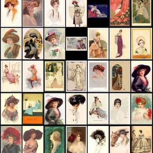 Puede incluir: Una colecci&oacute;n de postales antiguas con mujeres en diversas poses y escenarios. Las postales son de varios estilos, incluyendo Art Nouveau, Art Deco y realismo. Algunas de las postales muestran mujeres con sombreros, vestidos y otros atuendos de moda. Otras muestran mujeres en entornos m&aacute;s informales, como en casa o en la naturaleza. Las postales est&aacute;n todas en buen estado y ser&iacute;an una gran adici&oacute;n a cualquier colecci&oacute;n de postales antiguas.