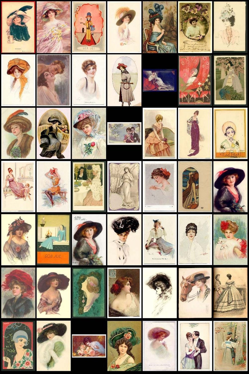 Puede incluir: Una colecci&oacute;n de postales antiguas con mujeres en diversas poses y escenarios. Las postales son de varios estilos, incluyendo Art Nouveau, Art Deco y realismo. Algunas de las postales muestran mujeres con sombreros, vestidos y otros atuendos de moda. Otras muestran mujeres en entornos m&aacute;s informales, como en casa o en la naturaleza. Las postales est&aacute;n todas en buen estado y ser&iacute;an una gran adici&oacute;n a cualquier colecci&oacute;n de postales antiguas.