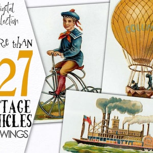 Digital collection Vintage Vehicles ephemera images / Drawing Victorian images air baloon for mixed media art scrapbook printable  / C159