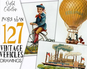 Digitale collectie efemere afbeeldingen vintage voertuigen / Victoriaanse afbeeldingen tekenen luchtballon voor mixed media kunst plakboek afdrukbaar / C159
