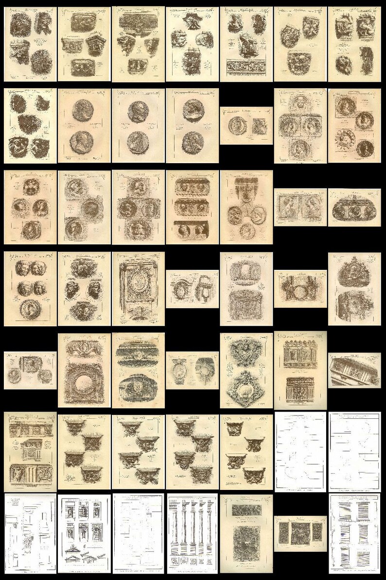 May include: A collection of black and white illustrations of architectural details, including columns, capitals, and moldings. The illustrations are on a cream-colored background.