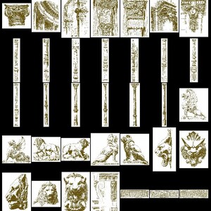 May include: A collection of vintage illustrations of architectural elements, including columns, capitals, and decorative details. The illustrations are in black and white and have a detailed, intricate style.