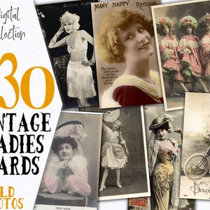 Cartões postais vintage de garota da moda francesa / Cartão Aceo de Paris, colagem de arte alterada / Pacote de cartões postais de diário francês para impressão, Lady Vintage / C133