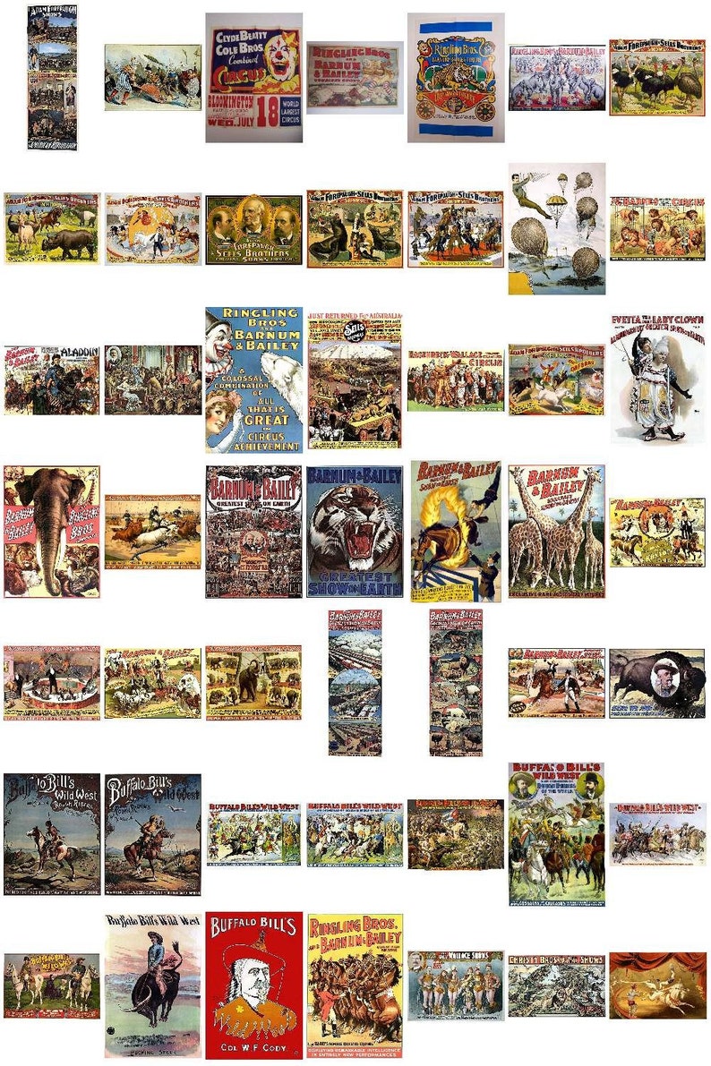 May include: A collection of vintage circus posters featuring various performers, animals, and events. The posters are colorful and feature bold lettering and imagery. Some of the posters advertise Ringling Bros. and Barnum & Bailey Circus, Buffalo Bill's Wild West, and other popular circuses of the early 20th century.