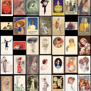 Puede incluir: Un collage de postales vintage con mujeres en varias poses y escenarios. Las postales son principalmente en tonos de rosa, azul y verde, con algunas que presentan patrones florales. Las postales est&aacute;n dispuestas en una cuadr&iacute;cula, con cada postal teniendo una imagen diferente.