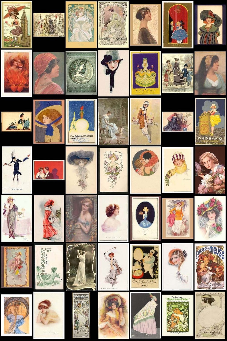 Puede incluir: Un collage de postales vintage con mujeres en varias poses y escenarios. Las postales son principalmente en tonos de rosa, azul y verde, con algunas que presentan patrones florales. Las postales est&aacute;n dispuestas en una cuadr&iacute;cula, con cada postal teniendo una imagen diferente.