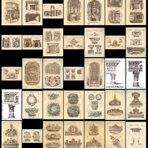 May include: A collection of vintage illustrations of architectural details, including fireplaces, columns, and decorative elements. The illustrations are in black and white and have a distressed, antique look.