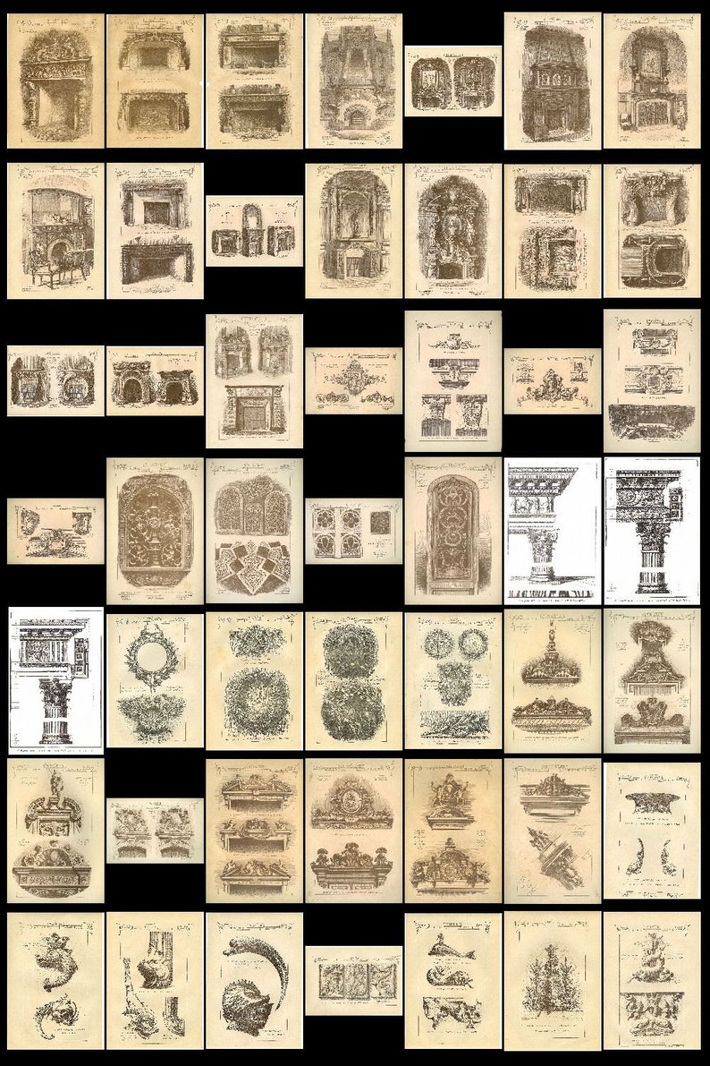 May include: A collection of vintage illustrations of architectural details, including fireplaces, columns, and decorative elements. The illustrations are in black and white and have a distressed, antique look.