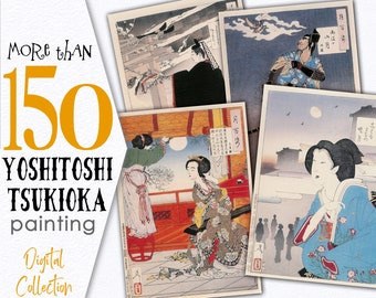 Raccolta digitale di illustrazioni di Yoshitoshi Tsukioka / Pittura orientale giapponese / Texture vintage samurai geisha CU / C150