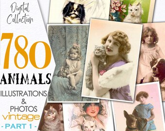 Pacchetto Vintage 780 Animali Vintage - Parte 1 / Miscellanea Elementi stampabili per diario con cuccioli Risorsa multimediale / Risparmia / C115