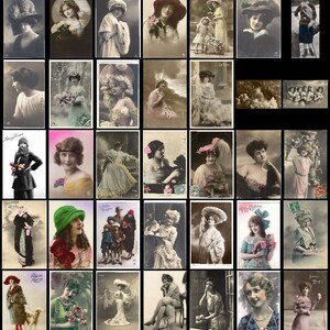 May include: A collection of vintage postcards featuring women in various poses and settings. The postcards are in black and white and sepia tones, and many feature decorative borders and text.