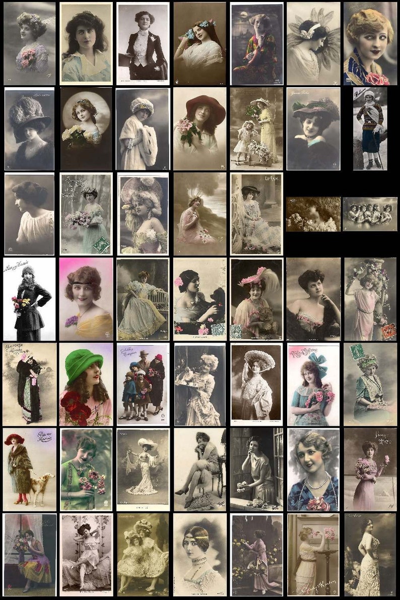 May include: A collection of vintage postcards featuring women in various poses and settings. The postcards are in black and white and sepia tones, and many feature decorative borders and text.