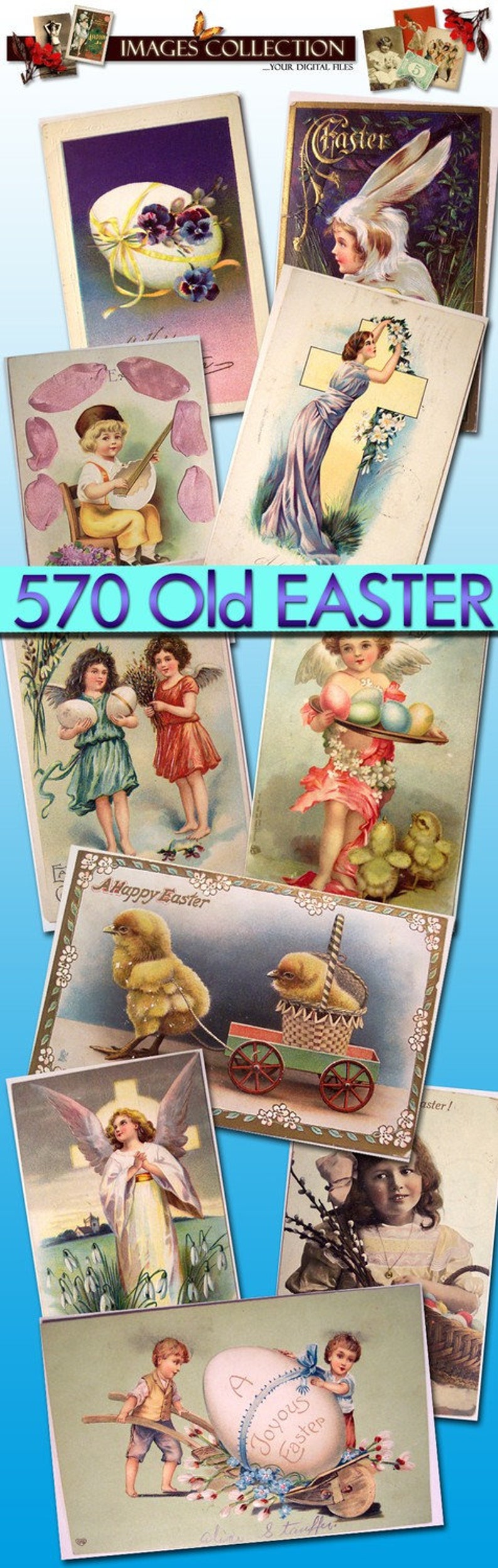 May include: A collection of vintage Easter postcards featuring images of children, angels, bunnies, chicks, and eggs. The postcards are decorated with flowers, ribbons, and other festive details. The text on the postcards includes "Happy Easter", "A Joyous Easter", and "Easter!"