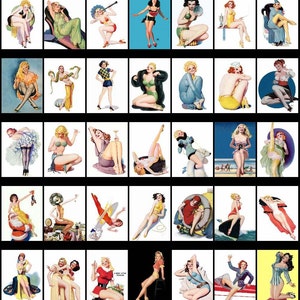 May include: A collection of 48 vintage pin-up style illustrations featuring women in various poses and settings. The illustrations are in a cartoon style and feature bright colors.