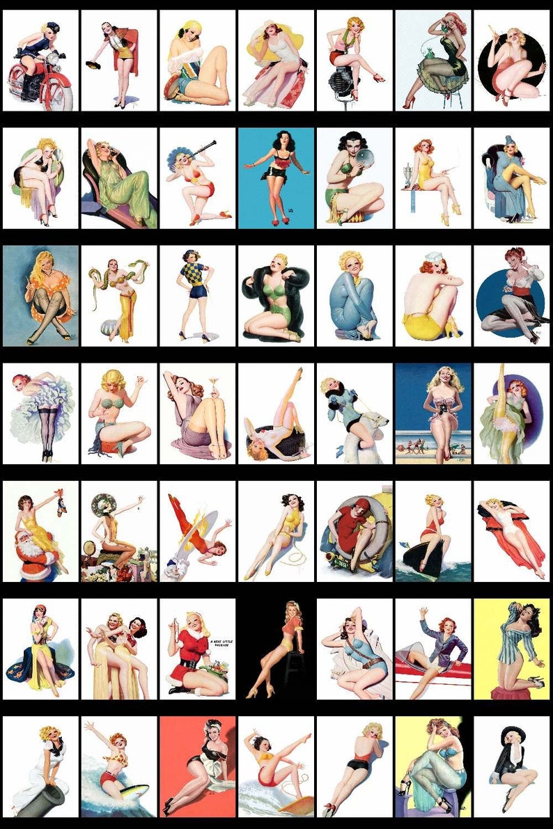 May include: A collection of 48 vintage pin-up style illustrations featuring women in various poses and settings. The illustrations are in a cartoon style and feature bright colors.