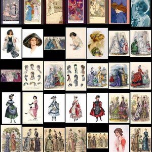 Puede incluir: Un collage de ilustraciones vintage que muestran mujeres con diferentes estilos de ropa de principios del siglo XX. Las im&aacute;genes representan mujeres con vestidos, sombreros y otros accesorios, mostrando las tendencias de la moda de la &eacute;poca.