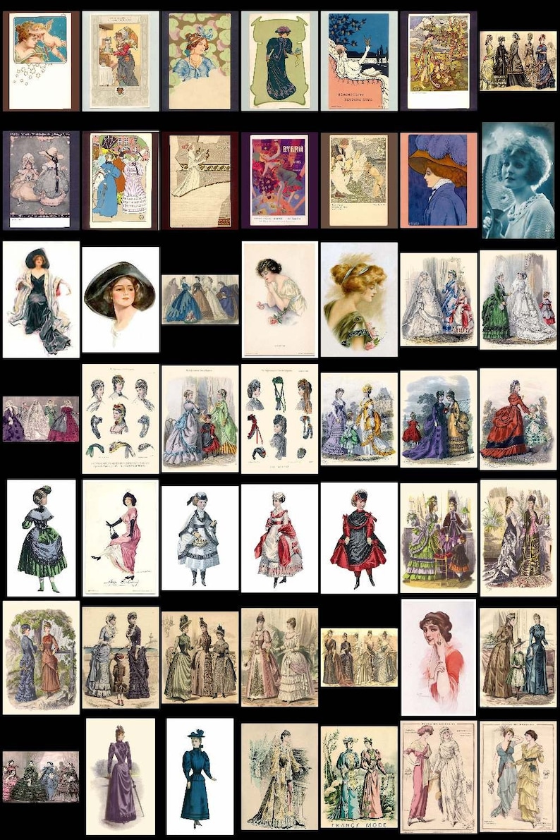 Puede incluir: Un collage de ilustraciones vintage que muestran mujeres con diferentes estilos de ropa de principios del siglo XX. Las im&aacute;genes representan mujeres con vestidos, sombreros y otros accesorios, mostrando las tendencias de la moda de la &eacute;poca.