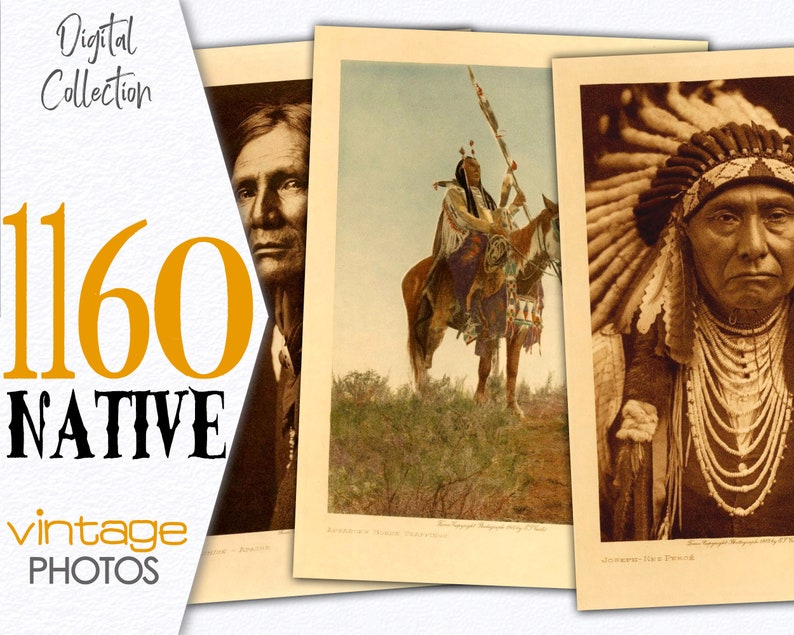 Op de afbeelding: Drie vintage foto's van Amerikaanse indianen. De eerste foto toont een man met lang zwart haar en een serieuze uitdrukking. De tweede foto toont een man te paard met een veren hoofdtooi. De derde foto toont een man met een traditionele hoofdtooi met veren en kralen.