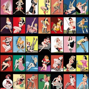 May include: A collage of 36 images featuring pin-up style illustrations of women in various poses and settings. The images are arranged in a grid pattern and feature a variety of colors and backgrounds.