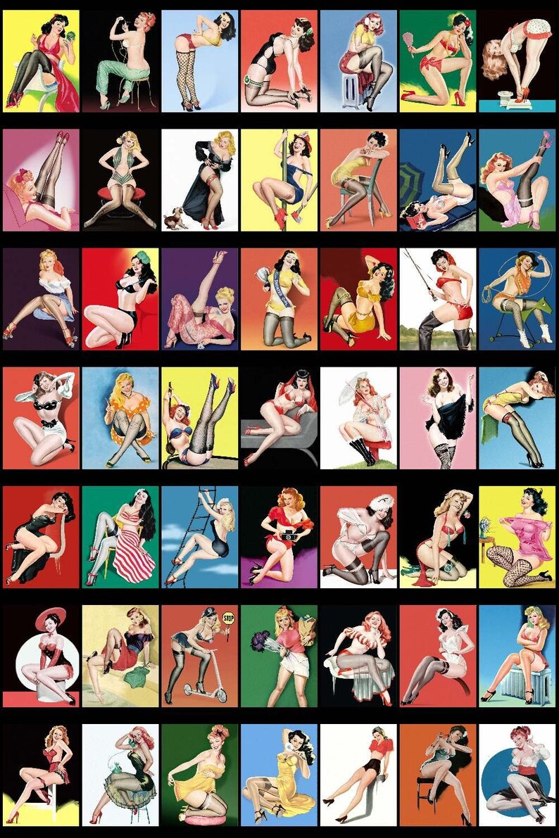 May include: A collage of 36 images featuring pin-up style illustrations of women in various poses and settings. The images are arranged in a grid pattern and feature a variety of colors and backgrounds.
