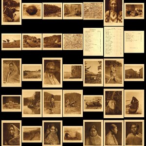 Op de afbeelding: Een verzameling vintage zwart-witfoto's met afbeeldingen van inheemse Amerikanen en landschappen. De foto's zijn in een rasterformaat weergegeven op een lichtbruine achtergrond.