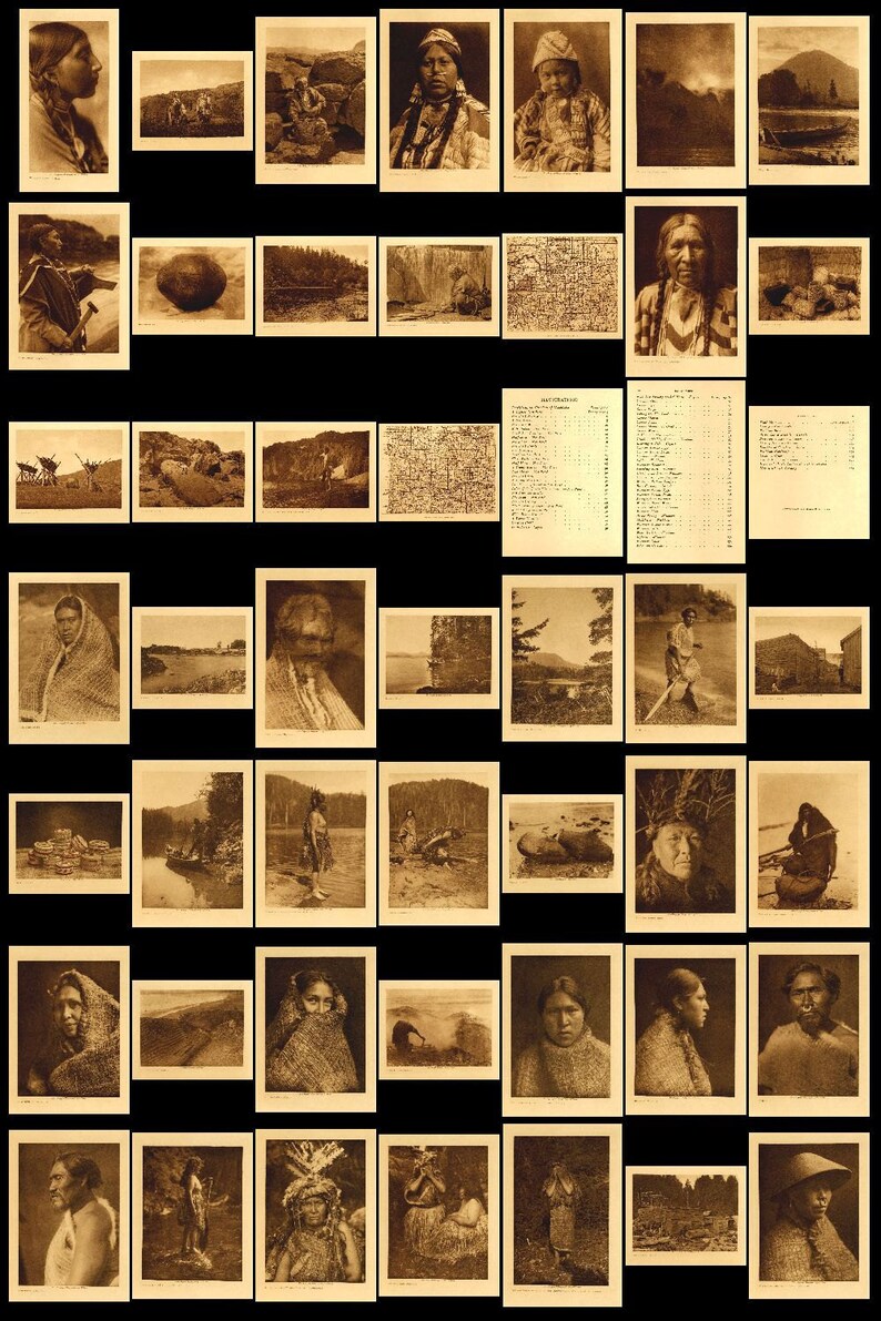 Op de afbeelding: Een verzameling vintage zwart-witfoto's met afbeeldingen van inheemse Amerikanen en landschappen. De foto's zijn in een rasterformaat weergegeven op een lichtbruine achtergrond.