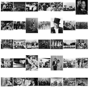 Op de afbeelding: Een collage van zwart-witfoto's met verschillende historische figuren en gebeurtenissen. De afbeeldingen tonen Elvis Presley, een man met een hoge hoed, een groep mensen die protesteren en een man die een muziekinstrument bespeelt.