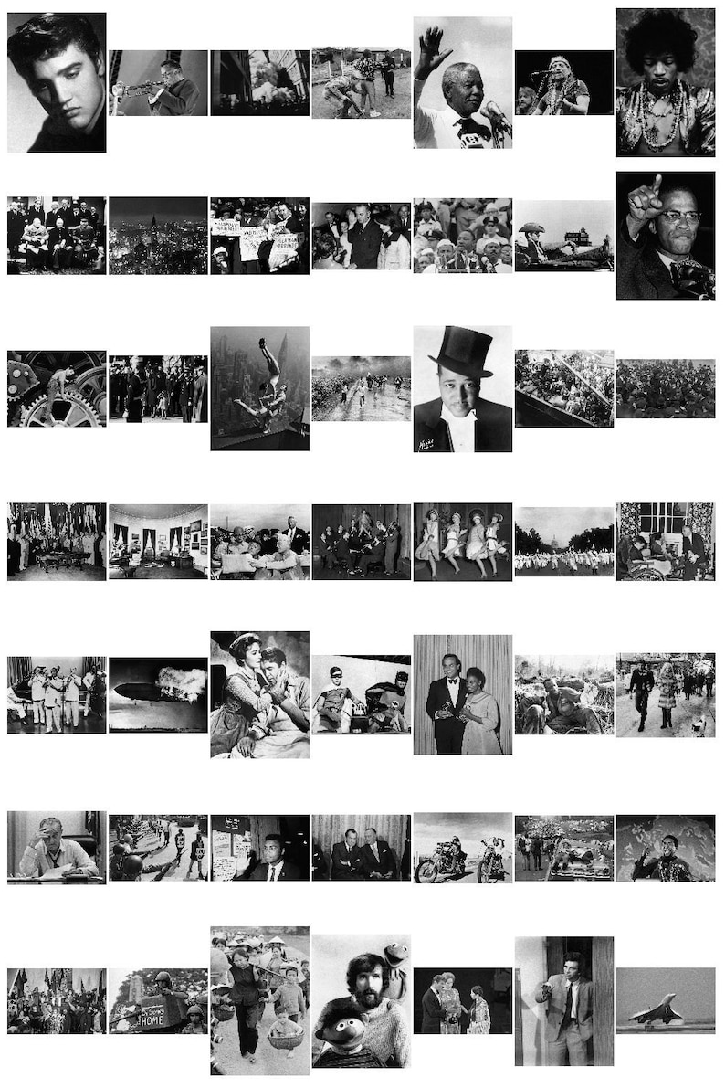 Op de afbeelding: Een collage van zwart-witfoto's met verschillende historische figuren en gebeurtenissen. De afbeeldingen tonen Elvis Presley, een man met een hoge hoed, een groep mensen die protesteren en een man die een muziekinstrument bespeelt.