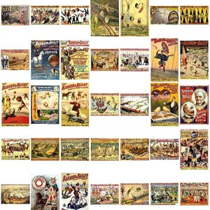 May include: A collection of vintage circus posters featuring various acts, including clowns, animals, and acrobats. The posters are in various colors and styles, with some featuring images of famous circus performers. The posters are all in good condition and would be a great addition to any circus memorabilia collection.