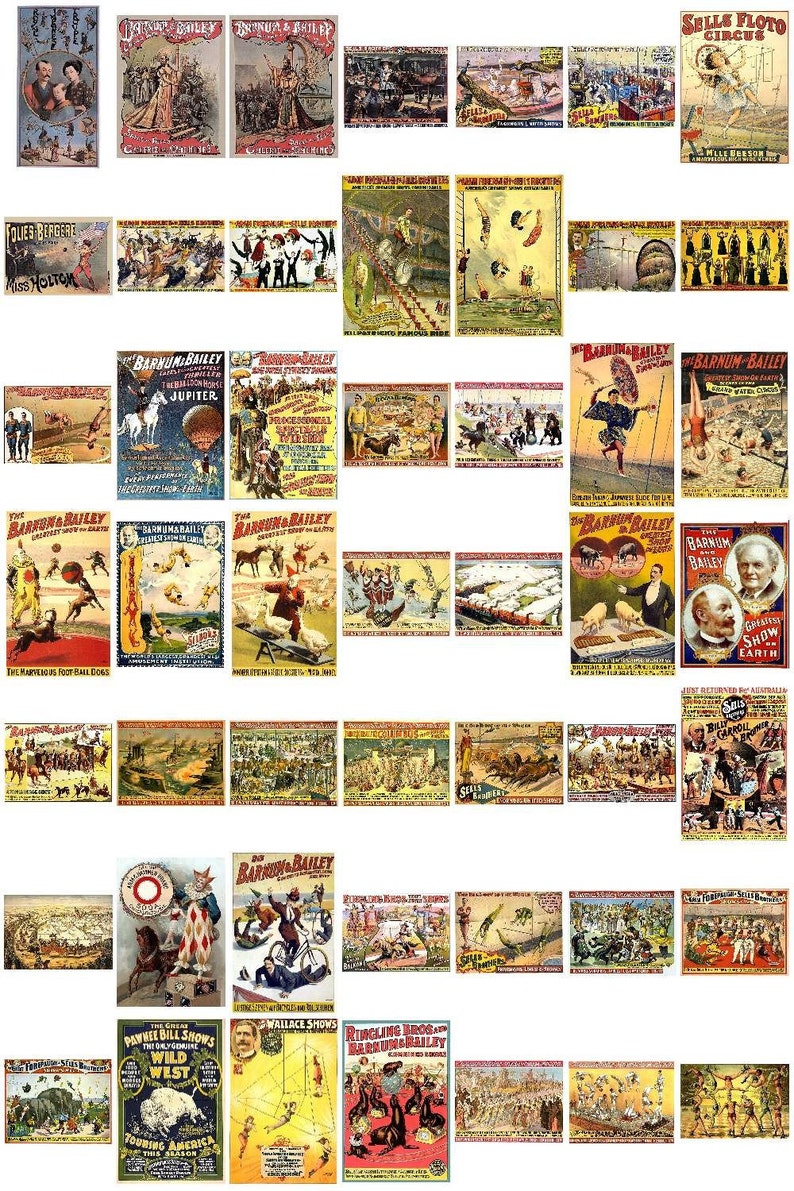 May include: A collection of vintage circus posters featuring various acts, including clowns, animals, and acrobats. The posters are in various colors and styles, with some featuring images of famous circus performers. The posters are all in good condition and would be a great addition to any circus memorabilia collection.