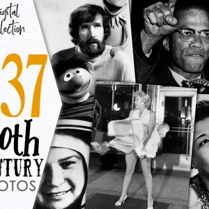 以下が含まれることがあります： 20 世紀の有名人を描いた白黒写真のコラージュ。写真には、少女、ひげを生やした男性、眼鏡をかけた男性、白いドレスを着た女性、マイクを持った女性が写っています。テキスト「337 20th CENTURY PHOTOS」は黄色で表示されています。