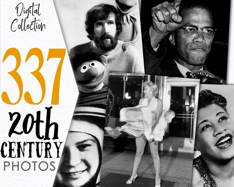 Op de afbeelding: Een collage van zwart-witfoto's met beroemde mensen uit de 20e eeuw. De foto's tonen een jong meisje, een man met een baard, een man met een bril, een vrouw in een witte jurk en een vrouw met een microfoon. De tekst "337 20th CENTURY PHOTOS" staat in het geel.