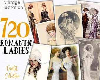 Descarga imágenes digitales Damas románticas / Efímero imprimible Miscelánea antigua / Ilustraciones de París Imágenes prediseñadas vintage / Decoupage / C129