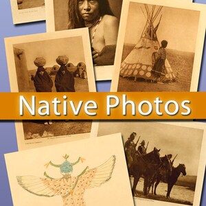Op de afbeelding: Een verzameling vintage foto's die Amerikaanse indianen, cultuur en tradities tonen. De afbeeldingen omvatten portretten, sc&egrave;nes uit het dagelijks leven en ceremoni&euml;le voorwerpen. De titel "Native Photos" wordt onderaan de collage weergegeven.