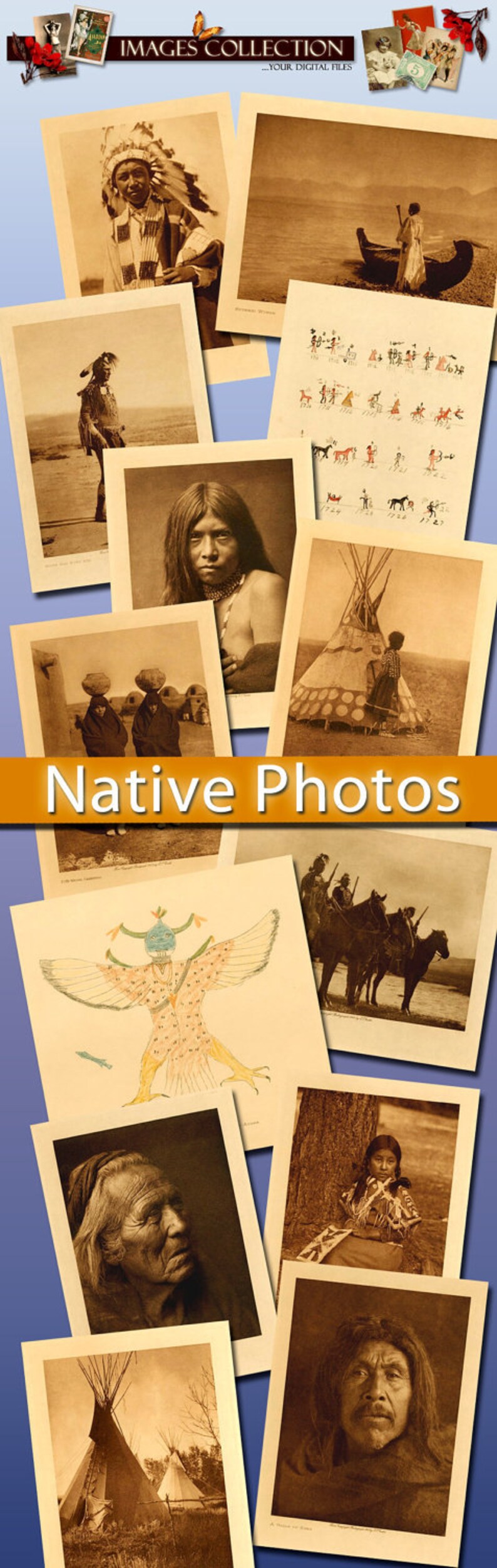 Op de afbeelding: Een verzameling vintage foto's die Amerikaanse indianen, cultuur en tradities tonen. De afbeeldingen omvatten portretten, sc&egrave;nes uit het dagelijks leven en ceremoni&euml;le voorwerpen. De titel "Native Photos" wordt onderaan de collage weergegeven.