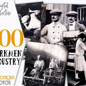 Pode incluir: Uma coleção de 200 fotografias vintage em preto e branco de trabalhadores em diversos ambientes industriais. As fotos mostram homens e mulheres trabalhando em fábricas, moinhos e outros locais de trabalho industriais. As fotos são um vislumbre da história do trabalho industrial.