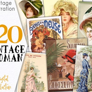 Retrato francês vintage de mulher / Coleção digital CU Bundle / Clipart romântico para impressão / Cartões digitais / Recurso ATC de sucata / C130