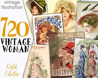 Retrato de mujer francesa vintage / Colección digital CU Bundle / Imágenes prediseñadas románticas imprimibles / Tarjetas digitales / Recurso ATC para scrapbooking / C130