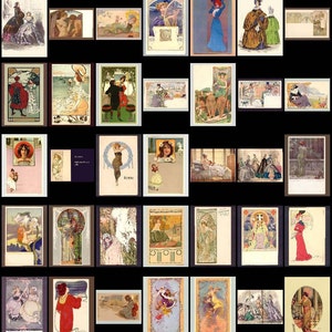 Puede incluir: Una colecci&oacute;n de postales antiguas con ilustraciones de mujeres en diversas poses y escenarios. Las postales son de varios estilos, incluyendo Art Nouveau y Art Deco. Algunas de las postales tienen texto, como "Par&iacute;s" y "Saludos desde la Riviera".