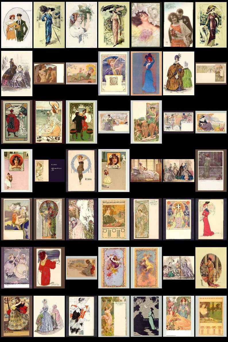 Puede incluir: Una colecci&oacute;n de postales antiguas con ilustraciones de mujeres en diversas poses y escenarios. Las postales son de varios estilos, incluyendo Art Nouveau y Art Deco. Algunas de las postales tienen texto, como "Par&iacute;s" y "Saludos desde la Riviera".