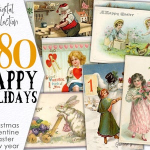 Colección digital Dominio público Imprimible / Descargable Efímera navideña Póster de San Valentín Clipart de Año Nuevo / Paquete de papel Diario basura / C138