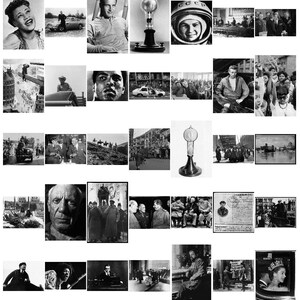 Op de afbeelding: Een collage van zwart-witfoto's die historische gebeurtenissen en figuren uitbeelden. De afbeeldingen omvatten een ​​nucleaire explosie, een groep mensen in een vergadering, een man in een ruimtepak en een groep mensen die protesteren.