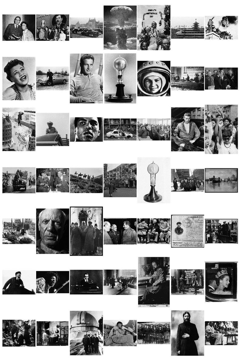 Op de afbeelding: Een collage van zwart-witfoto's die historische gebeurtenissen en figuren uitbeelden. De afbeeldingen omvatten een ​​nucleaire explosie, een groep mensen in een vergadering, een man in een ruimtepak en een groep mensen die protesteren.