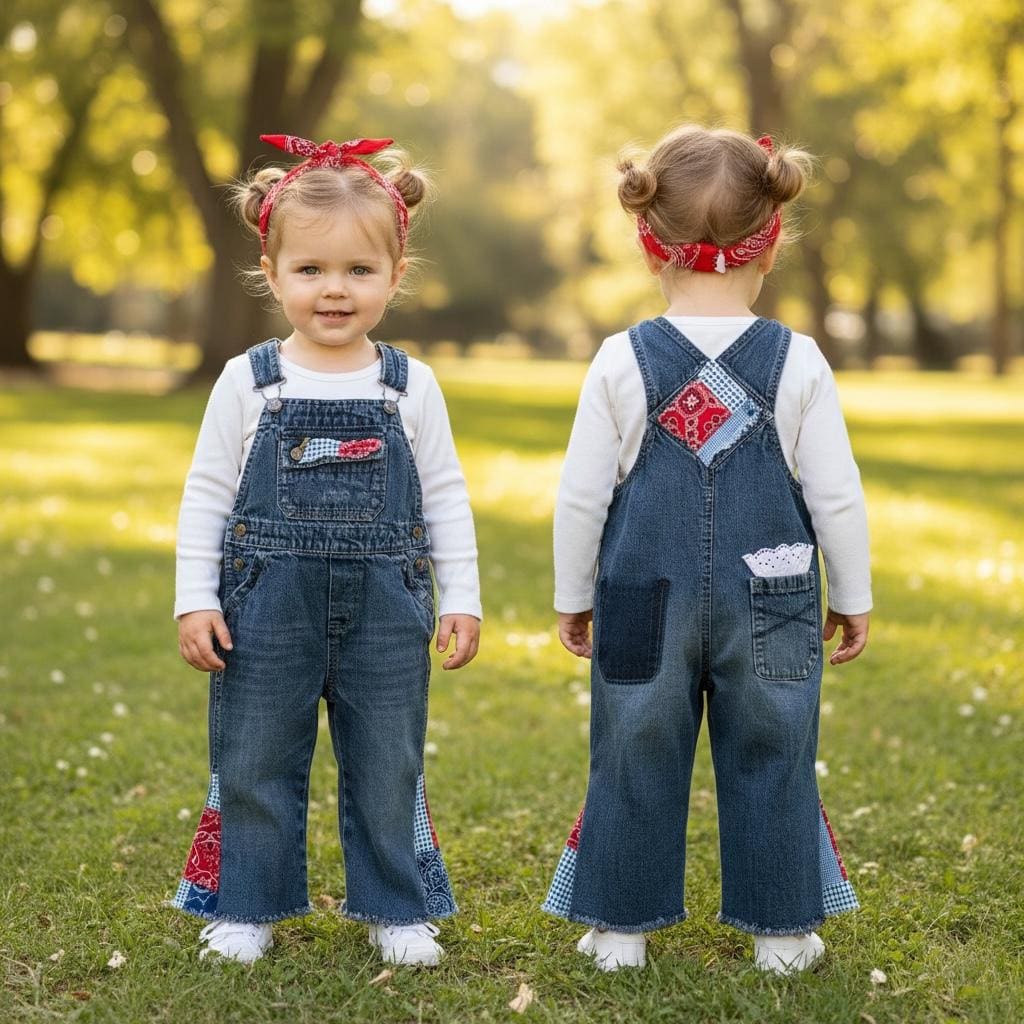 Upcycled Toddler Denim Overalls - Handmade Patchwork Flate Leg Bib Overalls for Girls - Sustainable Kids Clothing - Size 2T
