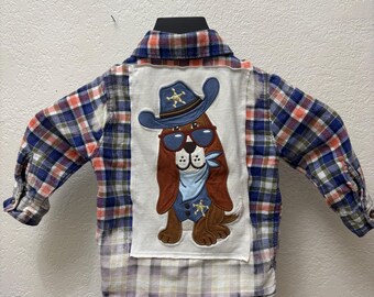 Upcycled Gymboree Montana Mountain Basset Sheriff Bleached Flannel | Kids 18M