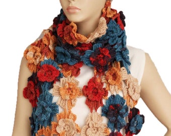 Crochet Scarf, Flower Crochet Scarf, Soft Acrylic Crochet Scarf