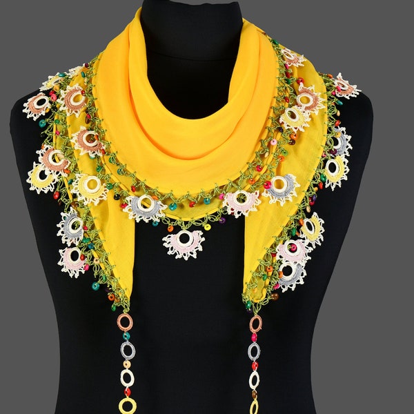 Turkish Oya Scarf, Yellow Turkish Summer Scarf, Hand Crocheted Lace
